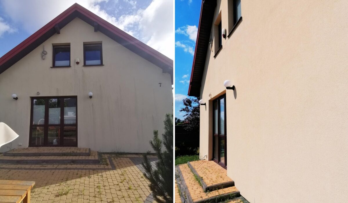 Usuwanie plam z rdzy z elewacji domu.