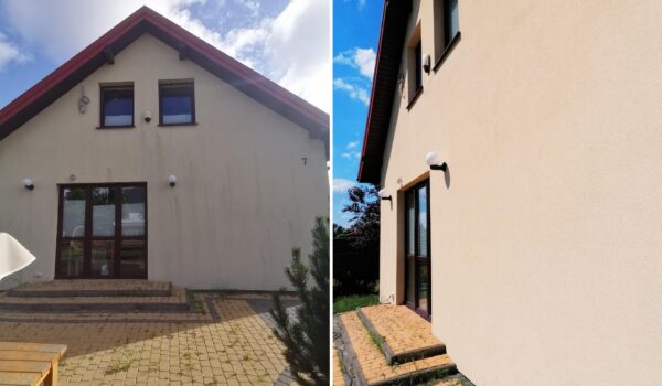 Usuwanie plam z rdzy z elewacji domu.