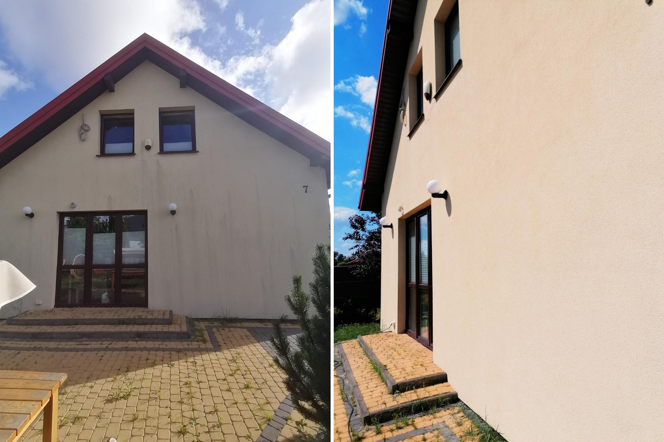 Usuwanie plam z rdzy z elewacji domu.